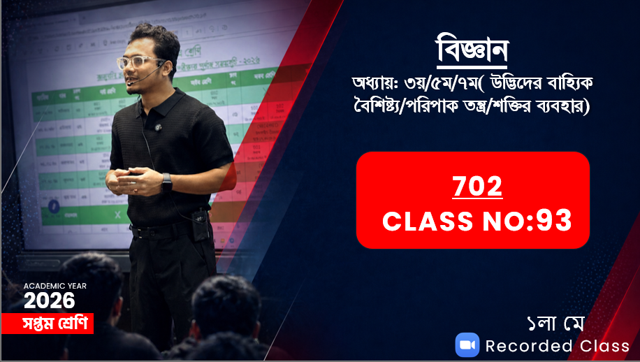 Class Seven (702)[Class No-93] বিজ্ঞান-অধ্যায়:৩য়/৫ম/৭ম(উদ্ভিদের বৈশিষ্ট্য/পরিপাক/শক্তির ব্যবহার)